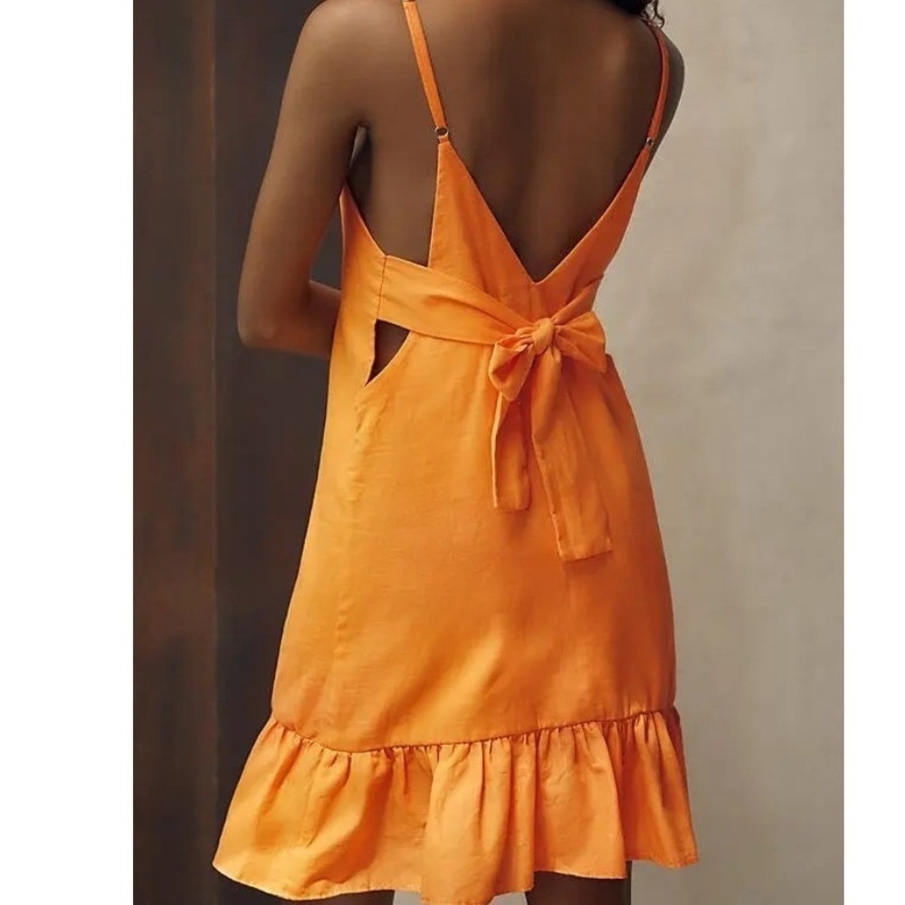 Peixoto Orange V Neck Spaghetti Strap Mini Dress Ruffle Hem Tie Back XL Blake Mi
